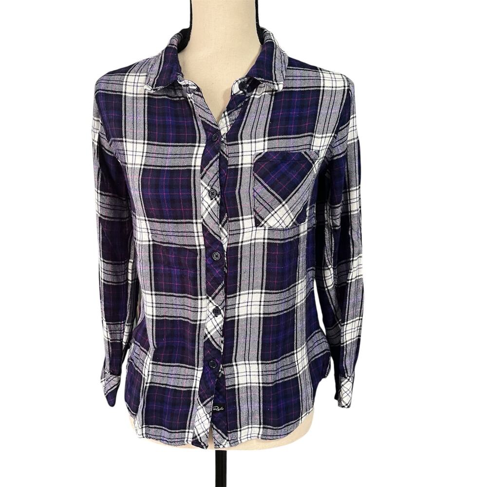 Rails Wmns Blue Pink Plaid Button Down Long Sleeve Soft Rayon Shirt Sz S Grunge
